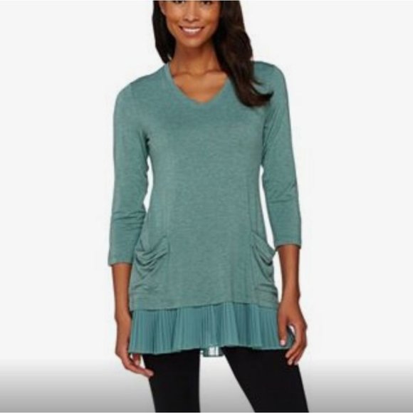 LOGO by Lori Goldstein Heathered Knit Top with Chiffon Trim Size Small Teal - Picture 1 of 8